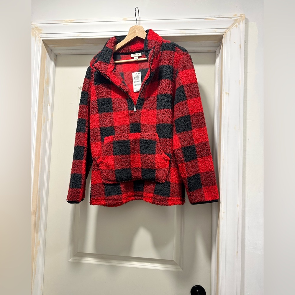 Gingham Half-Zip Sherpa Top